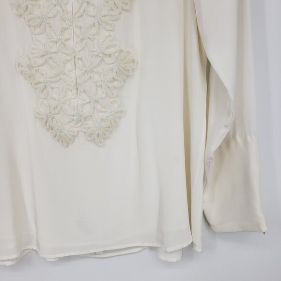 Rungolee Embellished Floral Applique Silk Blouse Top S Womens Long Sleeve‎ Cream - Picture 4 of 10